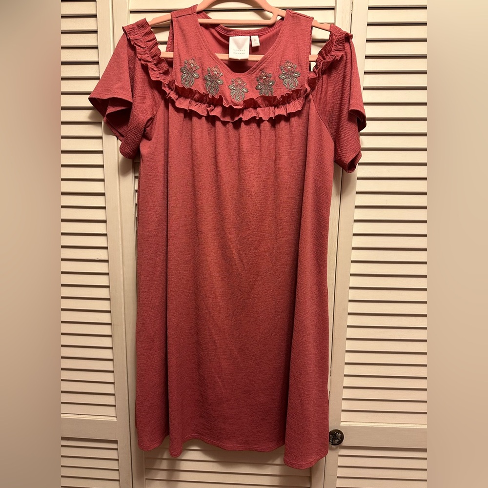 Lauren Conrad Medium Off Shoulder Dress. PTP 18”.  Floral Embroidery on Chest.